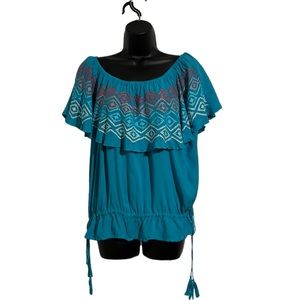 Ariat Aqua Ruffled Embroidered Carolina Top Sz L